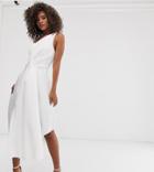 Asos Design Tall Self Stripe One Shoulder Fold Detail Prom Midi Dress-white