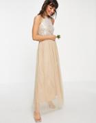 Vila Bridal Halterneck Dress With Sequin Body And Tulle Skirt In Champagne-gold