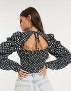 Naanaa High Neck Exaggerated Sleeve Top In Black Polka