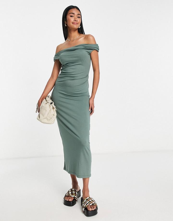 Asos Design Sleeveless Drapey Off Shoulder Maxi Dress In Khaki-green