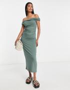 Asos Design Sleeveless Drapey Off Shoulder Maxi Dress In Khaki-green