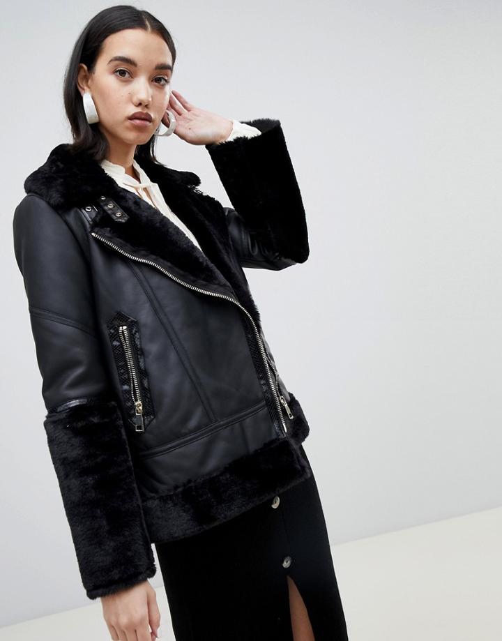 River Island Studio Leather Aviator Jacket In Black