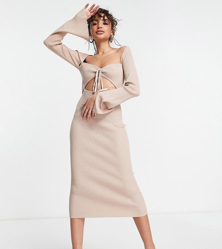 Missguided Petite Ruched Cut Out Knitted Midaxi Dress In Camel-neutral