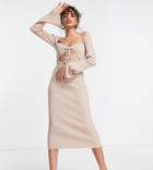 Missguided Petite Ruched Cut Out Knitted Midaxi Dress In Camel-neutral