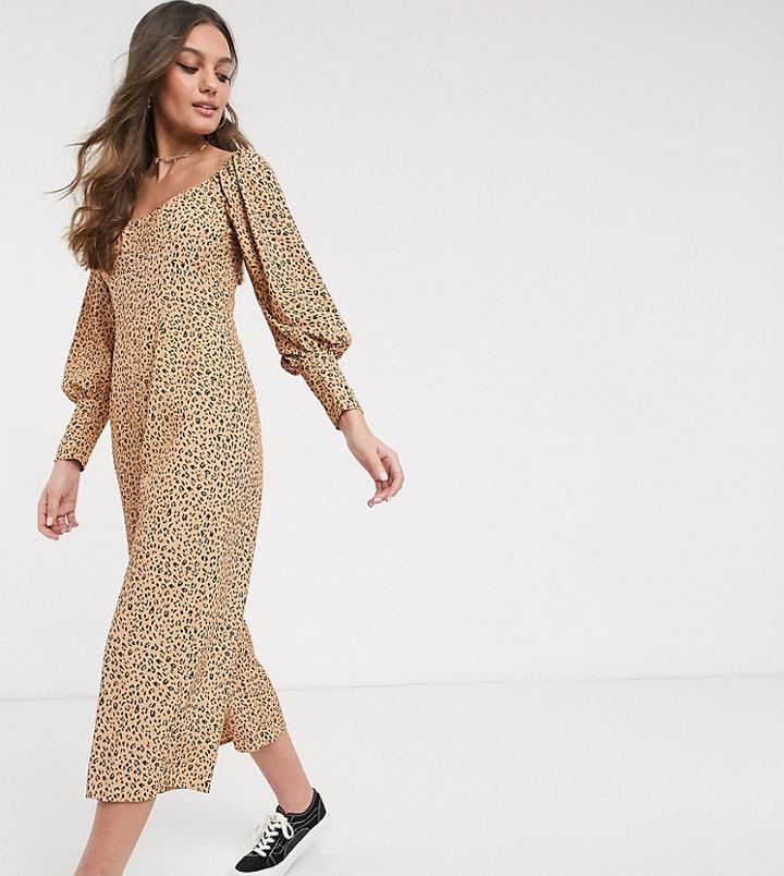 Asos Design Petite Square Neck Puff Sleeve Jumpsuit In Micro Leopard Print-multi