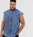 Asos Design Plus Oversized Sleeveless Denim Shirt In Acid Wash - Blue