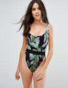Asos High Leg Tropical Pop Print Elastic Detail Swimsuit - Multi