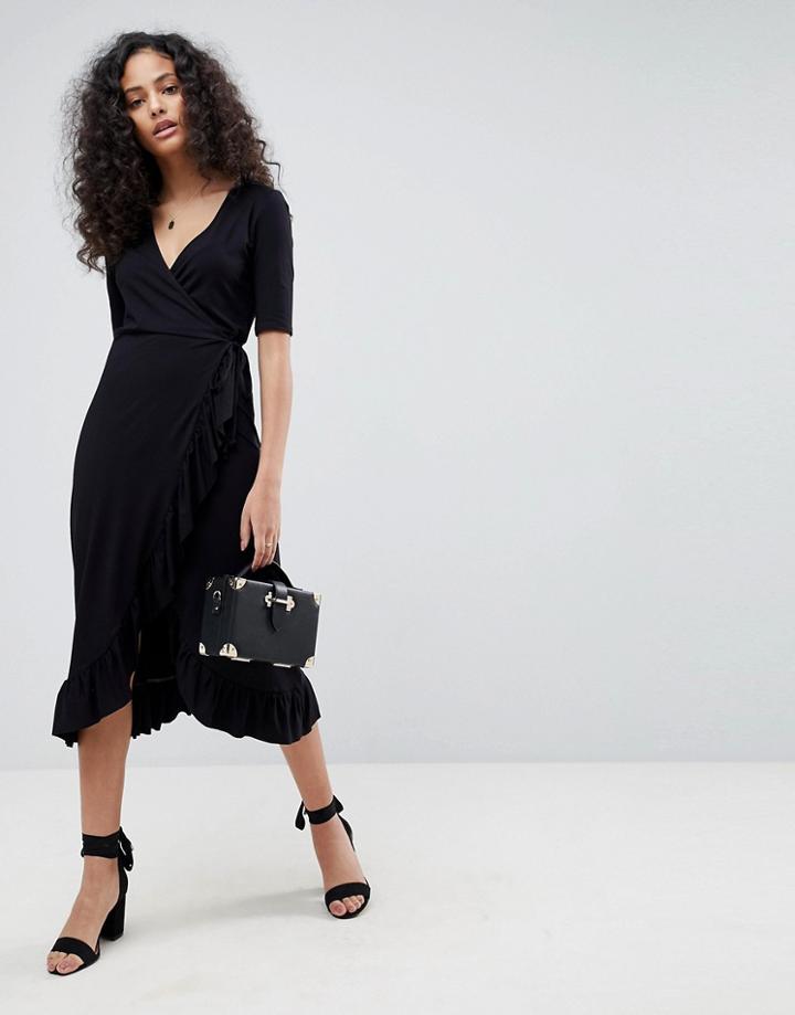 Asos Wrap Front Midi Tea Dress With Frill - Black