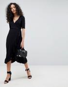 Asos Wrap Front Midi Tea Dress With Frill - Black
