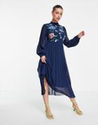 Asos Design High Neck Pleated Long Sleeve Skater Midi Dress With Embroidery In Navy