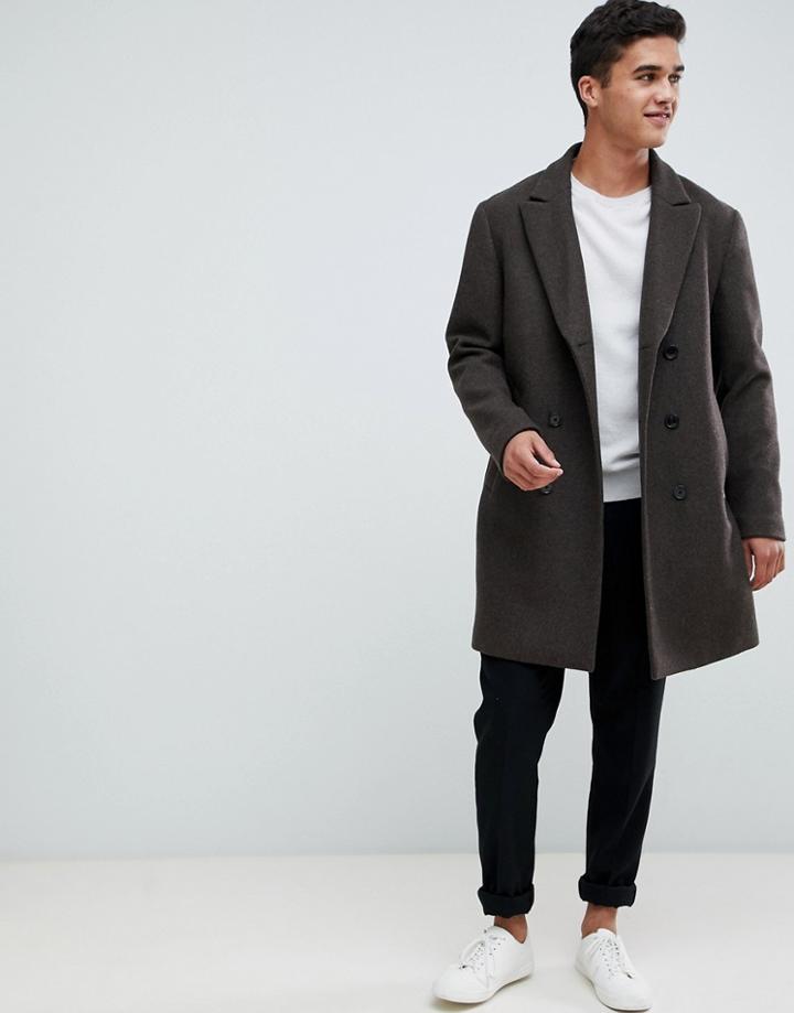Selected Homme Oversized Double Breasted Recycled Wool Overcoat - Brown