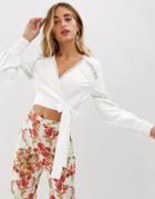 Hope & Ivy Plunge Cutwork Lace Wrap Front Crop Top In Ivory-white