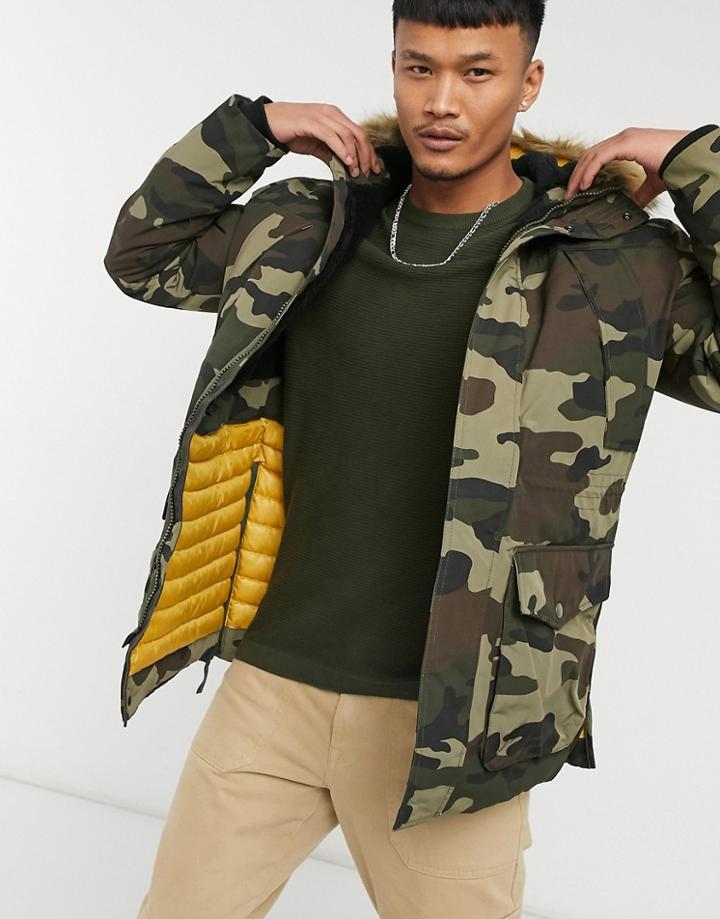 Jack & Jones Premium Jacket With Faux-fur Hood In Camo-green