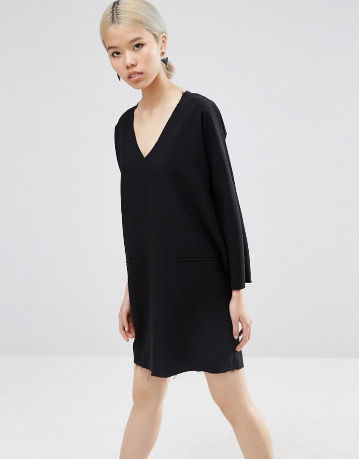 Asos Plunge Neck Shift Dress With Raw Edge - Black