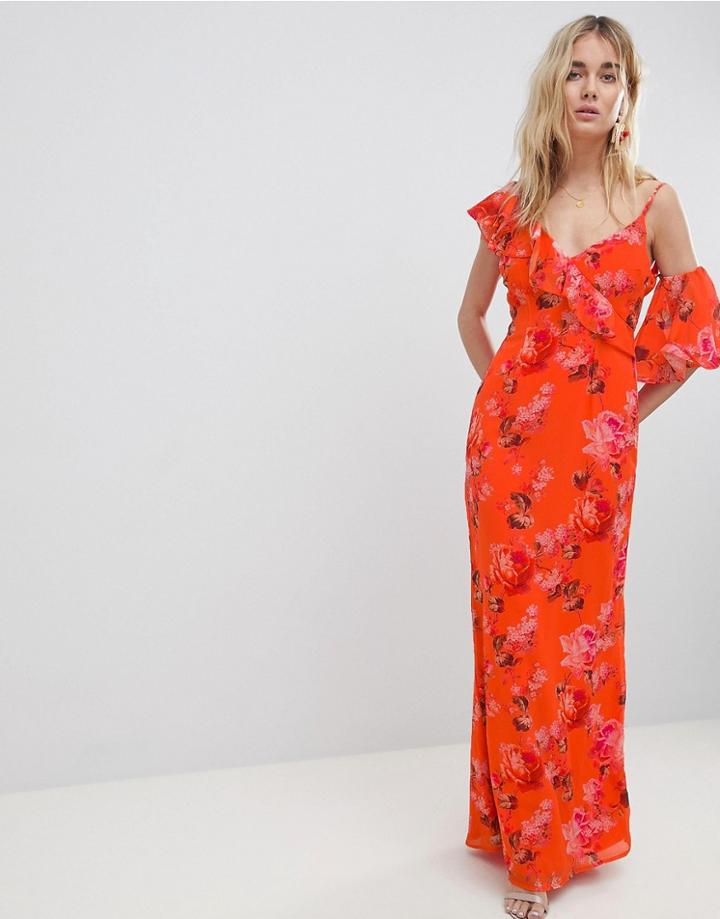 Hope & Ivy Asymmetric Ruffle Shoulder Detail Maxi Dress In Floral Print - Multi