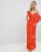 Hope & Ivy Asymmetric Ruffle Shoulder Detail Maxi Dress In Floral Print - Multi