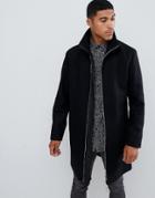 Hugo Meskar Slim Fit Wool Overcoat With Ribbed Collar In Black - Black