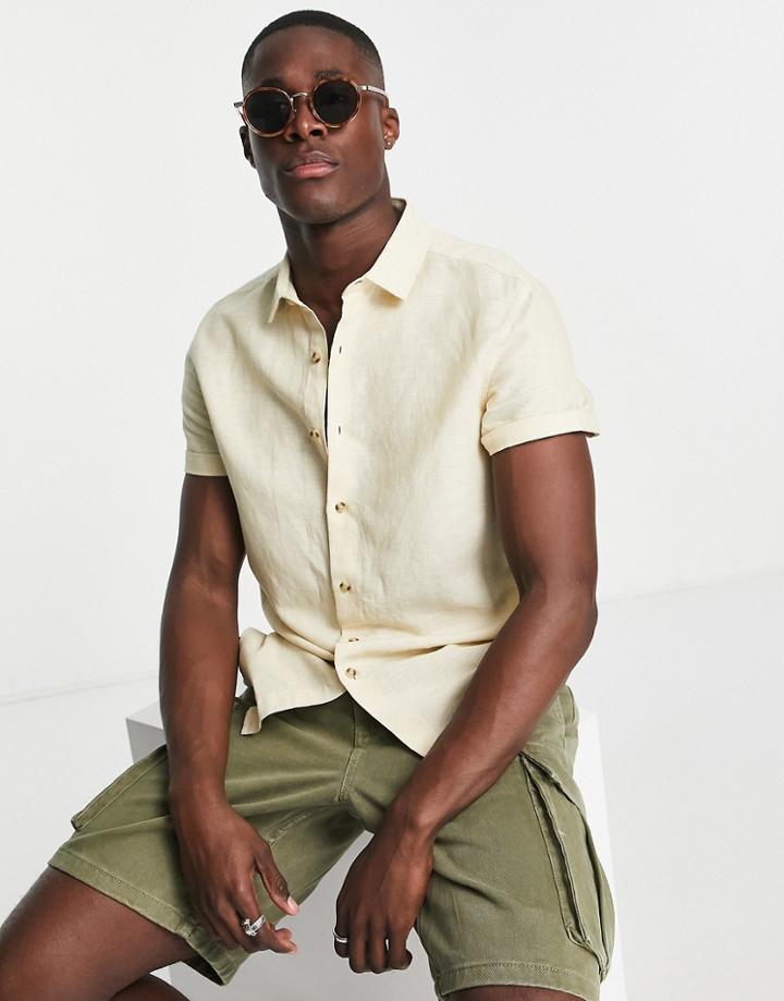 Asos Design Regular Linen Shirt With Roll Sleeve In Yellow