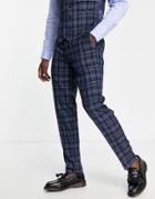 Asos Design Wedding Slim Suit Pants In Navy And Burgundy Window Check-red