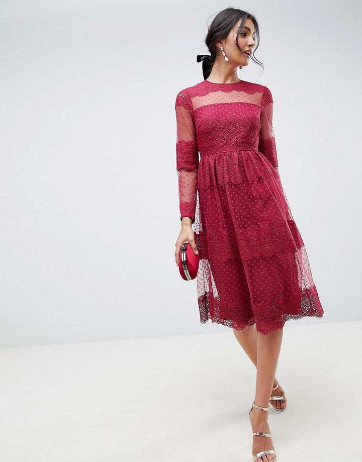 Asos Design Premium Lace & Dobby Mesh Midi Dress With Long Sleeves-red