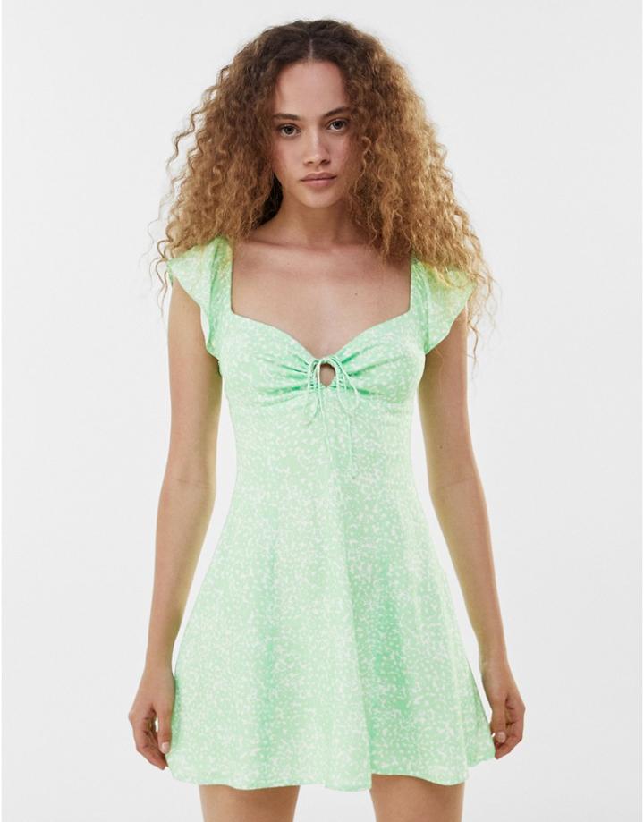 Bershka Lace Up Printed Mini Dress In Green