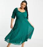 Asos Design Curve Ruched Front Pleated Midi Dress With Shirred Waist In Textured Chevron In Forest Green