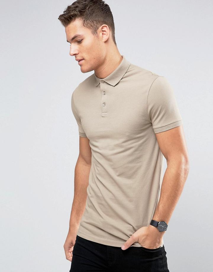 Asos Longline Muscle Polo Shirt In Beige - Beige