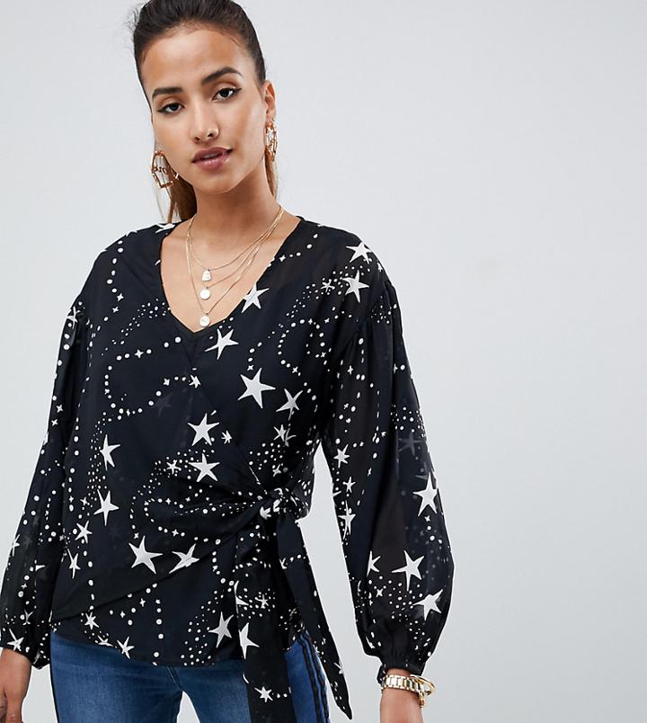 Asos Design Sheer Wrap Top In Star Print - Multi