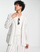 Asos Design Slim Suit Jacket In Ecru Stripe-neutral