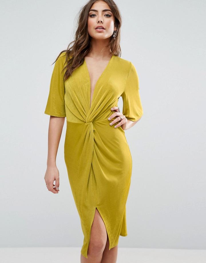 Asos Slinky Kimono Knot Front Dress - Yellow