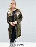New Look Petite Embroidered Parka Jacket - Green