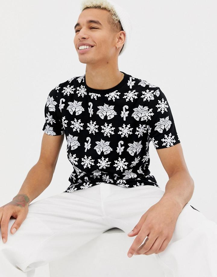 Asos Design Holidays T-shirt With All Over Festive Print - Black