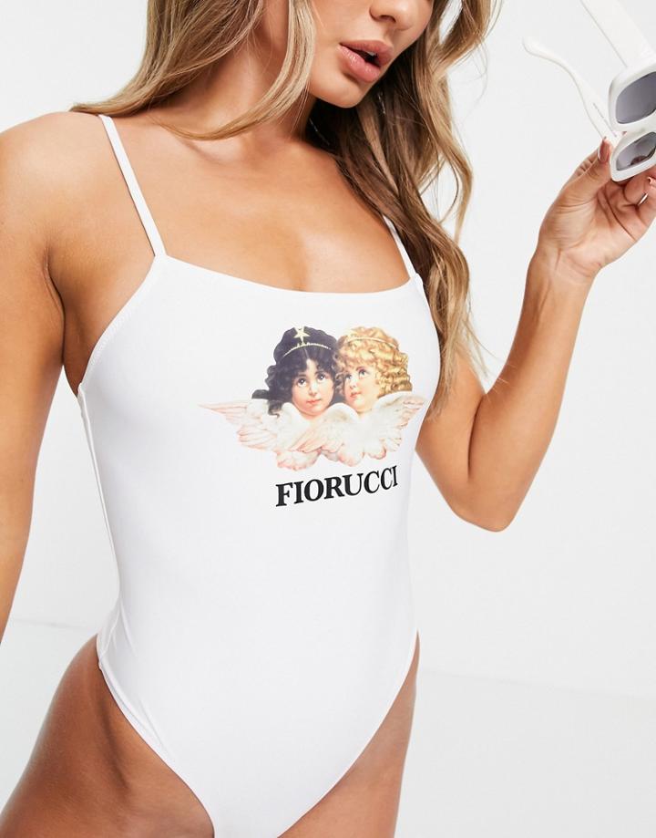 Fiorucci Strappy Cami Swimsuit With Large Angel Graphic-white