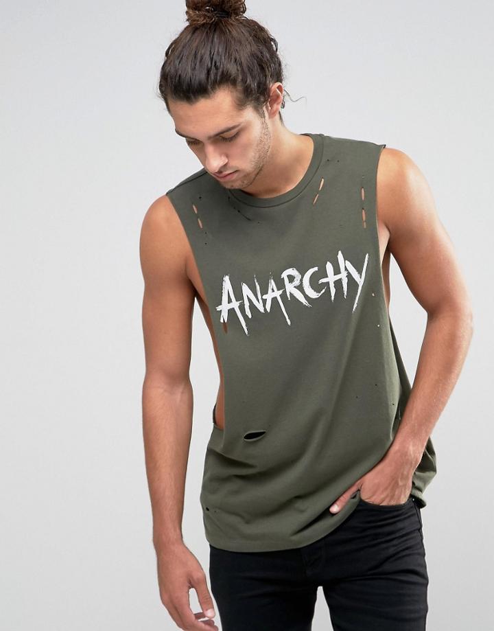 Asos Sleeveless T-shirt With Anarchy Print And Distressing - Green
