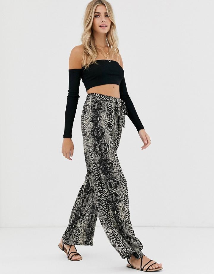 Qed London Wide Leg Pants In Snake Print - Multi