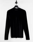 Asos Design Muscle Long Sleeve T-shirt In Black Velour With Turtle Neck