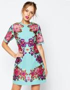 Asos Lace And Embroidered Flower Mini Shift Dress - Blue