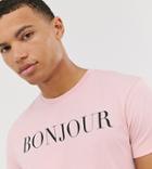Asos Design Tall T-shirt With Bonjour Print And Roll Sleeve - Pink