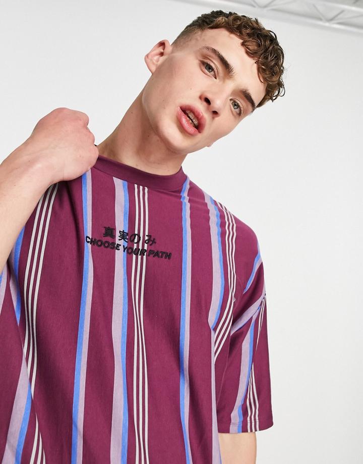 Asos Design Oversized Organic Vertical Stripe T-shirt With Front Print In Burgundy-red