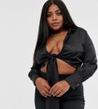 Club L London Plus Satin Wrap Crop Top In Black