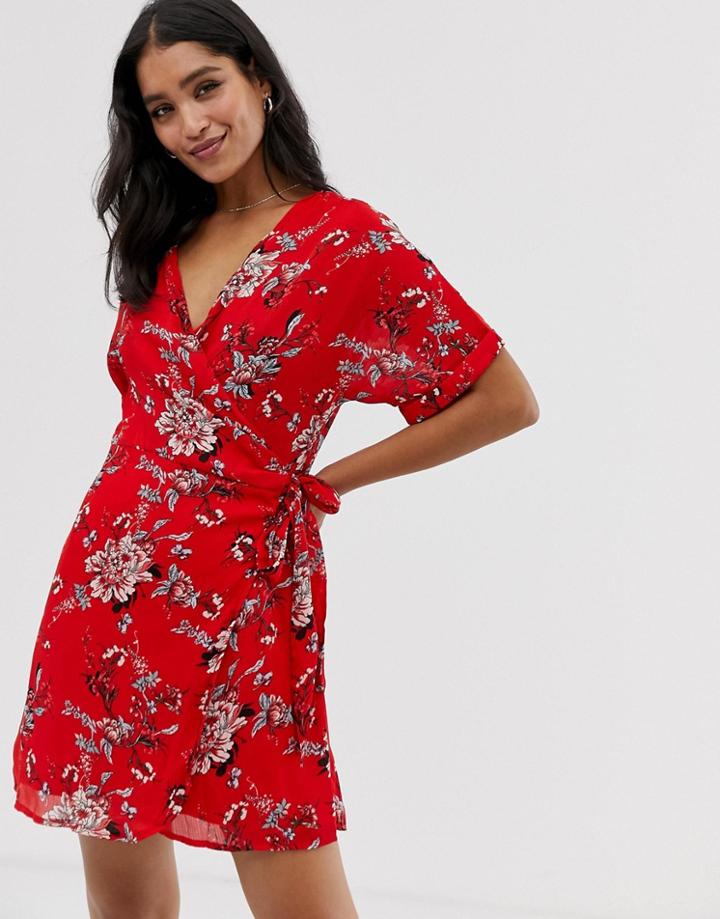 Liquorish Floral Mini Wrap Dress - Red