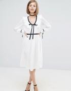 Lost Ink Contrast Trim Dress With Frill Detail - White