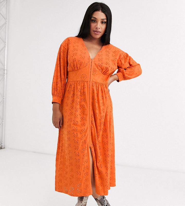 Asos Design Curve Broderie Midi Dress With Hook And Eye In Orange