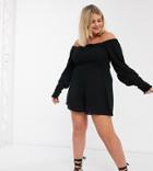 Asos Design Curve Romper With Shirred Bodice And Sleeves In Black