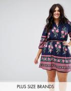 Yumi Plus Belted Dress With 3/4 Sleeves In Border Floral Print - Navy