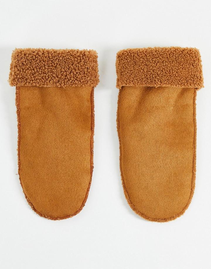 Asos Design Fleece And Suedette Mittens In Brown