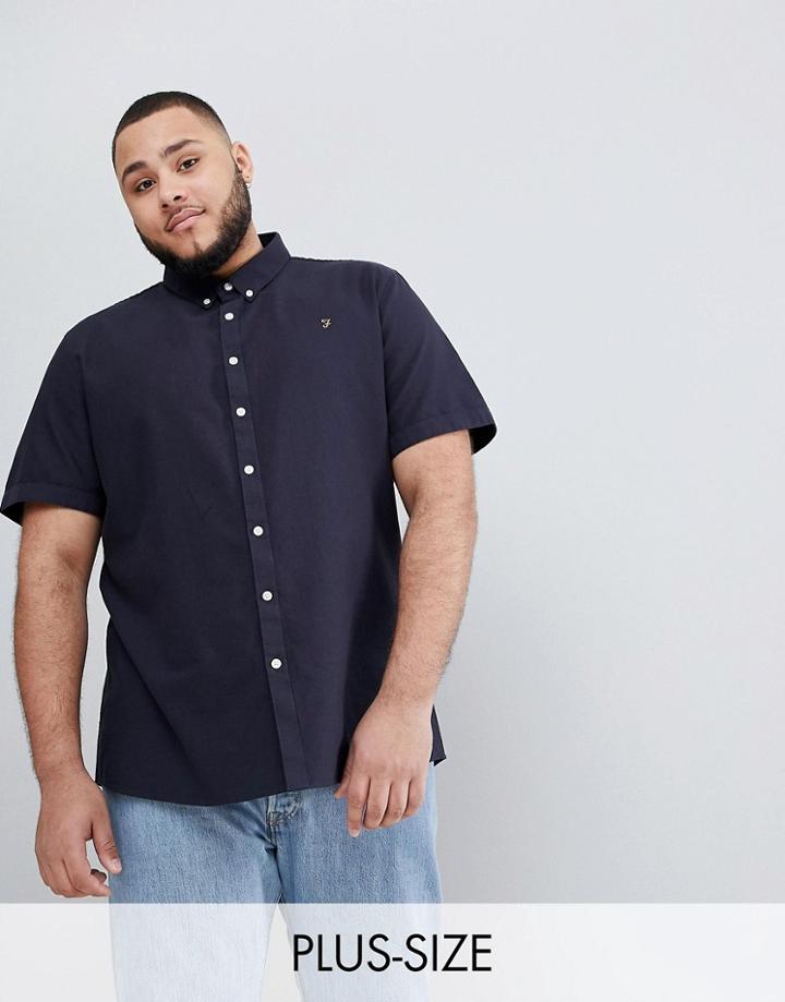 Farah Plus Brewer Slim Fit Short Sleeve Oxford Shirt In Navy - Navy