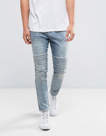 Brooklyns Own Super Skinny Biker Jeans In Mid Wash Blue With Distressing - Blue