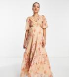 Hope & Ivy Maternity Wrap Tie Maxi Dress In Fuchsia Taupe Floral-pink