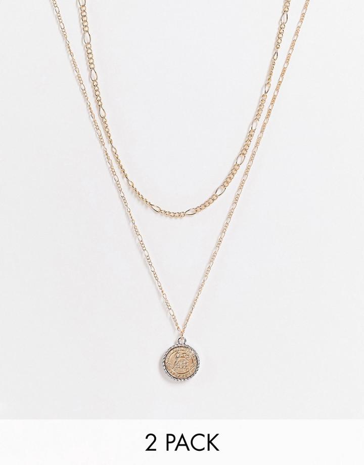 Asos Design 2 Pack Layered Necklace With Sovereign Coin Pendant In Gold Tone